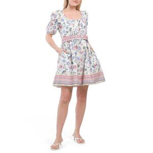 CYNTHIA ROWLEY multi Border Print Puff Sleeve Belted Mini Dress